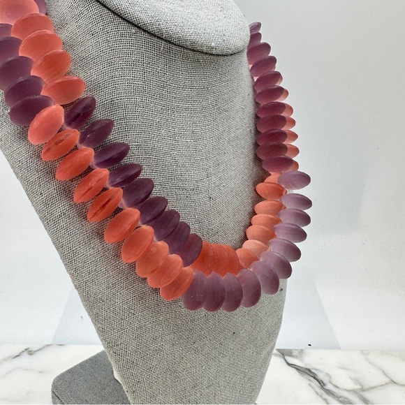 Artisan Frosted Glass Necklace Coral and Purple Faceted Beads Chunky Statement - Picture 8 of 13